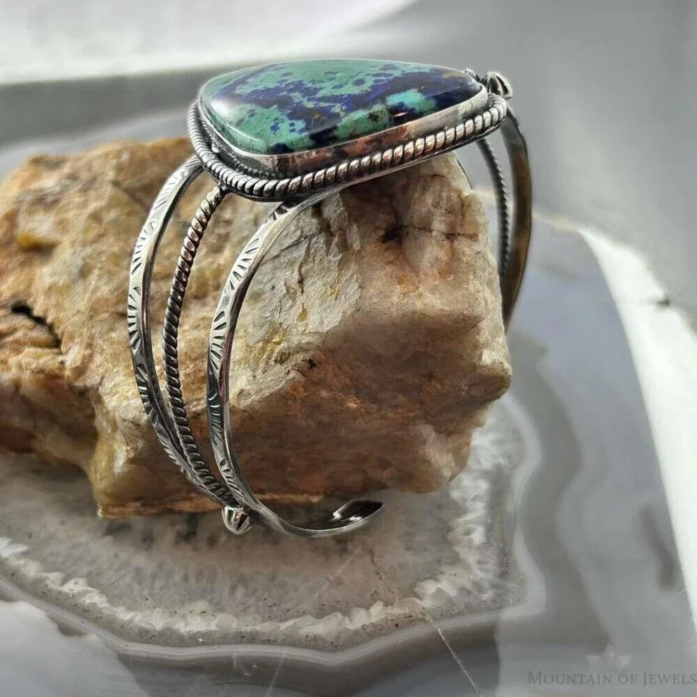 Sterling Southwestern Style Large Triangle Azurite Decorated Bracelet For Women